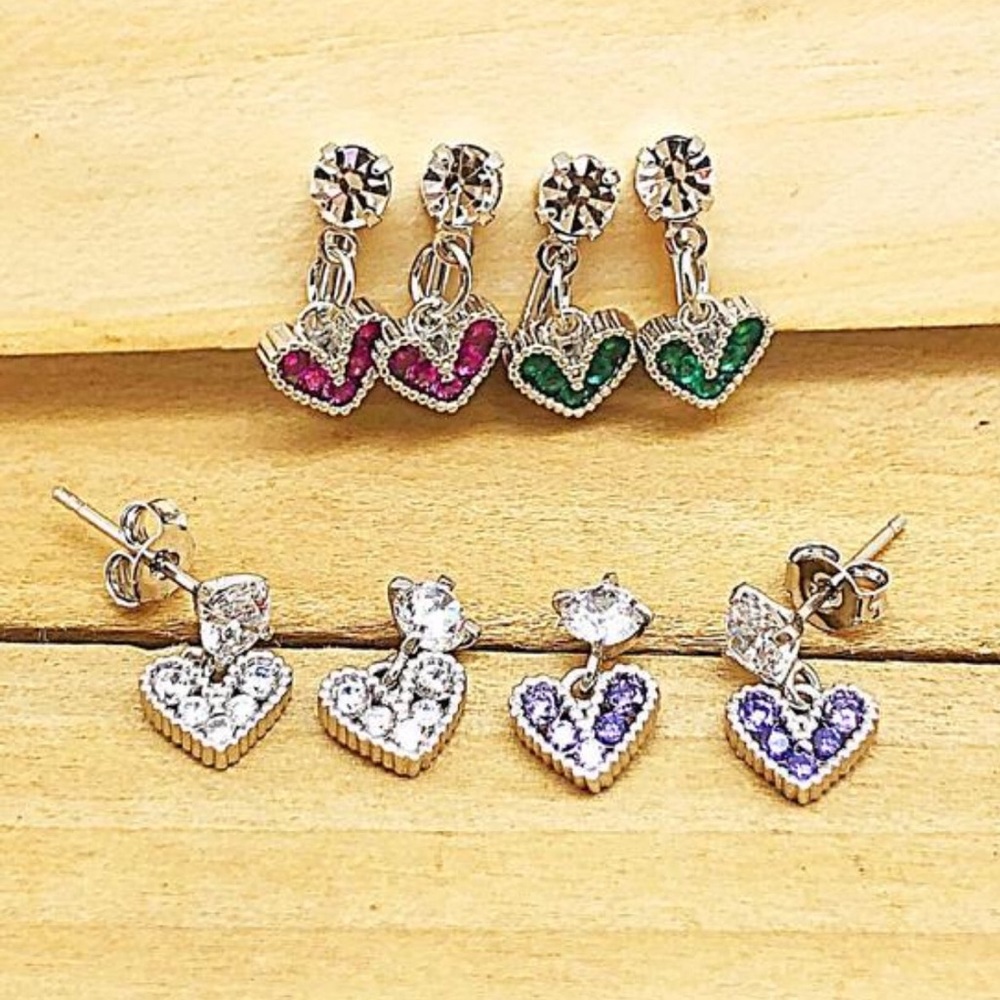 Kids CZ Tiny Heart Dangle Stud or Clip On 4 Colors NWT Adults Too